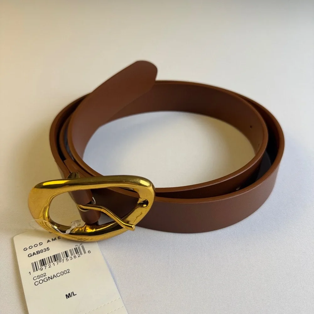 Good American Womens Classic Oval Buckle Belt Brown Vegan Leather Luxury Minimal